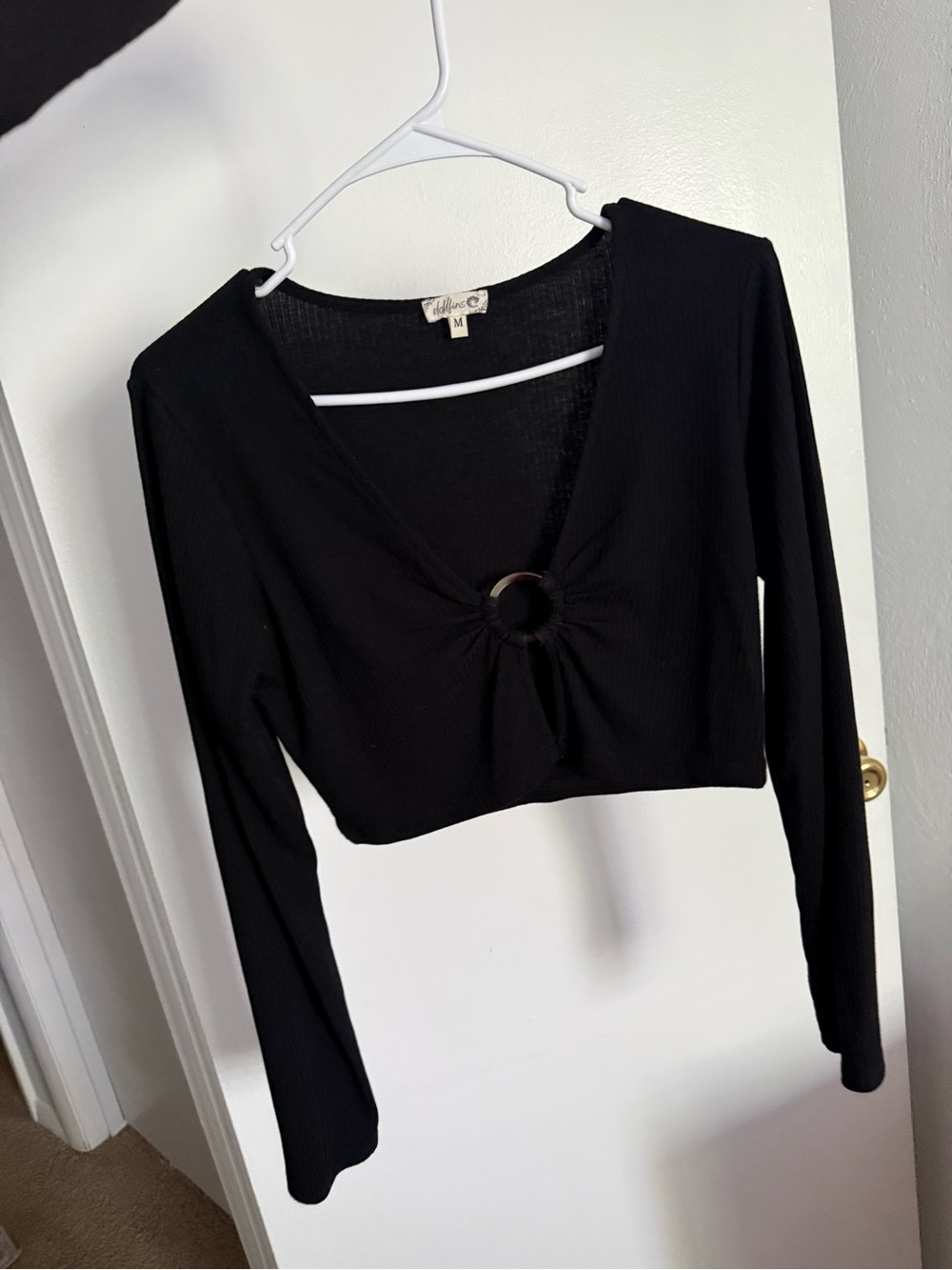 Black Long-Sleeve Cropped Top with Front Ring Detail